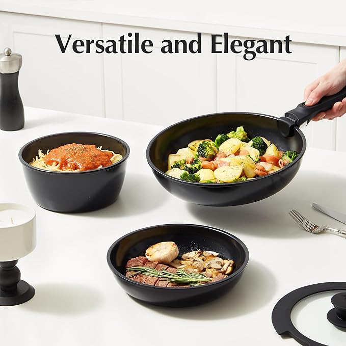 Redchef 16pcs Ceramic Pots and Pans Set Non Stick, Nonstick Kitchen Cookware Set with Detachable Handle, Non Toxic, PFAS PFOA & PTFE Free, RV Cookware Set for Camping, Dishwasher/Oven Safe (Black)