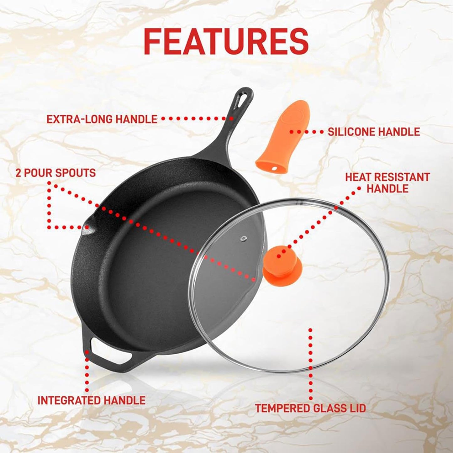 NutriChef 10 Inch Cast Iron Skillet with Lid - Pre-Seasoned Small Fry Pan with Side Drip Spout and Silicone Handle