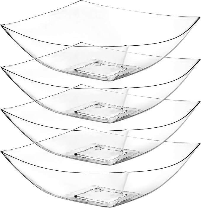 Posh Setting - Clear Plastic Serving Bowls for Party (32oz - 4 Pack) Square, Disposable, Salad & Fruit Bowls for Party Table, Candy Containers for Candy Buffet