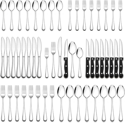 Wildone 72-Piece Silverware Set with Steak Knives, Stainless Steel Flatware Cutlery Set Service for 12, Tableware Eating Utensils Include Knives/Forks/Spoons, Mirror Polished, Dishwasher Safe