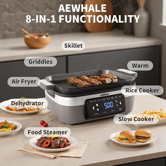 AEWHALE 8-in-1 Programmable 4.5-Quart Multi-Cooker with Air Fryer,Slow Cooker,Food Steamer,Dehydrate &More, Family-Sized Capacity,Grey