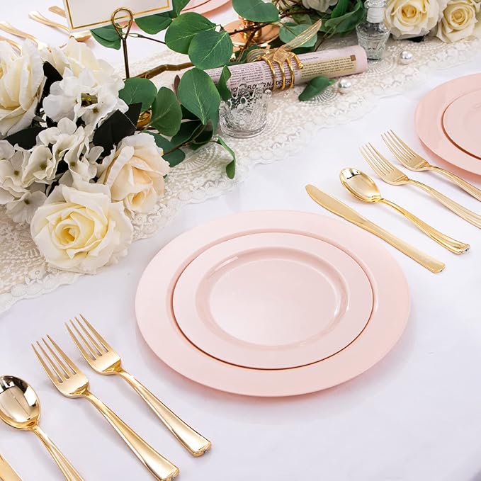 FLOWERCAT 60PCS Pink Plastic Plates - Heavy Duty Pink Plates Disposable for Party/Mother's Day/Wedding - serving 30 guests Include 30PCS 10.25inch & 30PCS 7.5inch