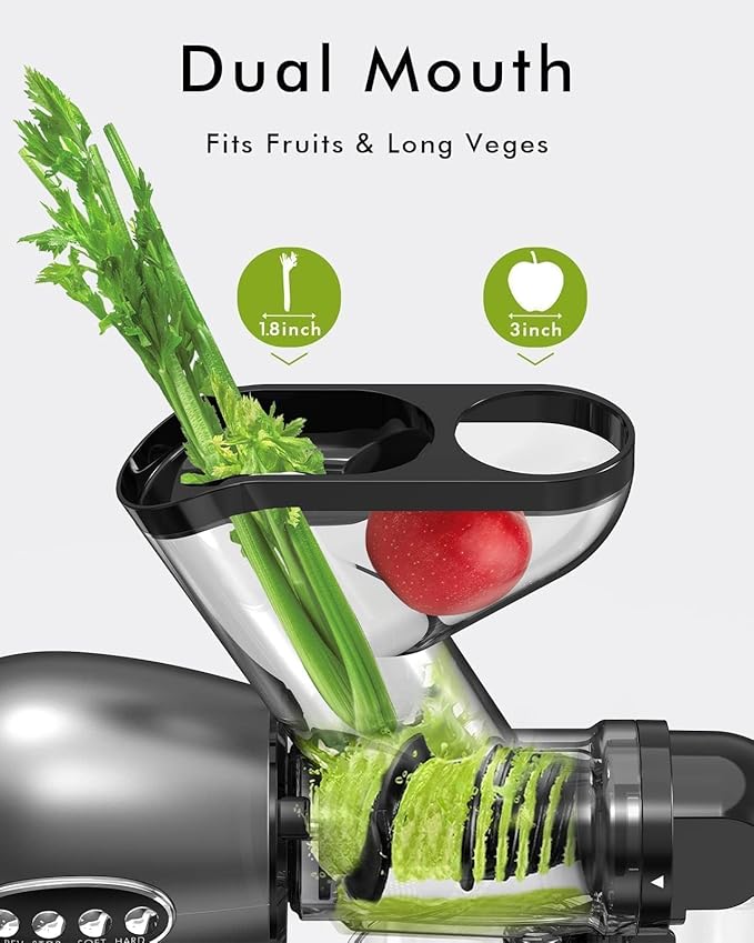 SiFENE Cold Press Juicer, 3” Wide Dual Chute Whole Slow Masticating Juicer Machine with Anti Clog Function for Celery Wheatgrass, Fruit and Vegetable Juice Extractor, Non-BPA, Easy to Clean