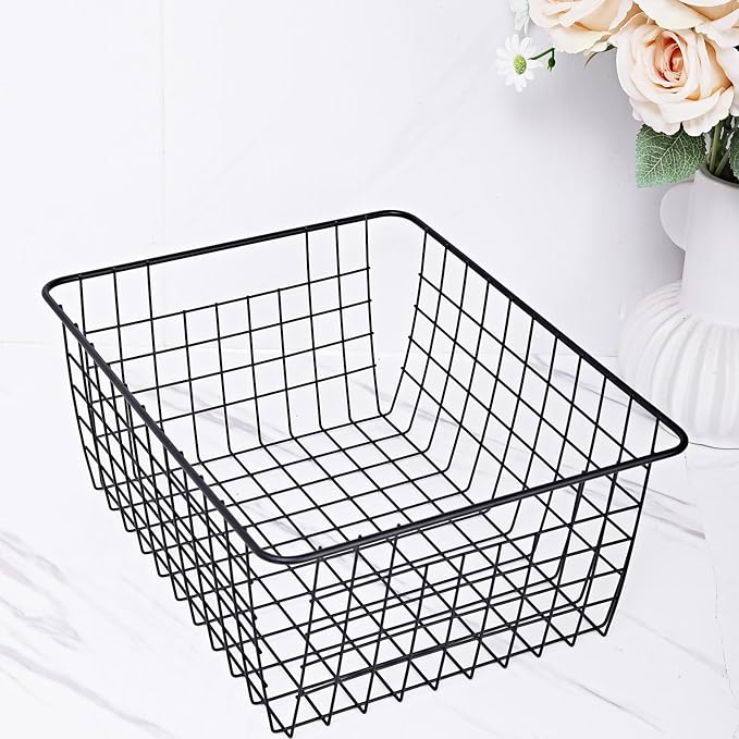14" Upright Freezer Storage Baskets, Black Wire Storage Bins Large Bakset for Freezer, Pantry, Bathroom Organizing, Set of 4