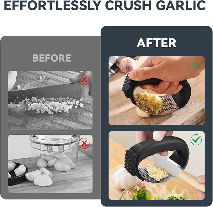 2 Pack Garlic Press Rocker Set – Innovative Stainless Steel Garlic Mincer & Crusher with 2 Peelers, 2 Scrapers, and 2 Brushes for Effortless Garlic Prep | Complete Garlic Tool Kit (BLACK)