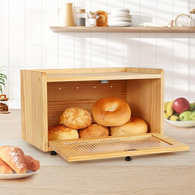 Sunhoo Bread Box for Kitchen Countertop Storage Wooden Breadbox Holder Container Morden Rustic Fresh Bread Keeper Farmhouse Stackable Organizer Bin for Homemade Food Shelf Acrylic Window (Yellow)
