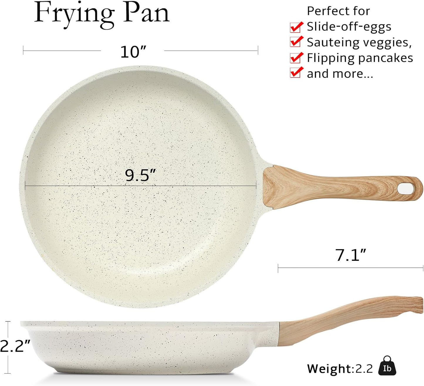 ESLITE LIFE Nonstick Ceramic Frying Pan Skillet, Non-Toxic Egg Omelette Kitchen Cooking Pans Compatible with All Stovetops (Gas, Electric & Induction), PTFE & PFOA Free (White, 9.5'')