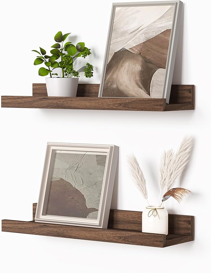 Heimlove Picture Ledge Shelf, Small Floating Shelves Set of 2, 16 Inches Picture Shelf for Wall with Ledge, Kids Bookshelf Wall Mounted for Living Room Bedroom Decor Books Photo Frames, Walnut