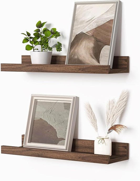 Heimlove Picture Ledge Shelf, Small Floating Shelves Set of 2, 16 Inches Picture Shelf for Wall with Ledge, Kids Bookshelf Wall Mounted for Living Room Bedroom Decor Books Photo Frames, Walnut
