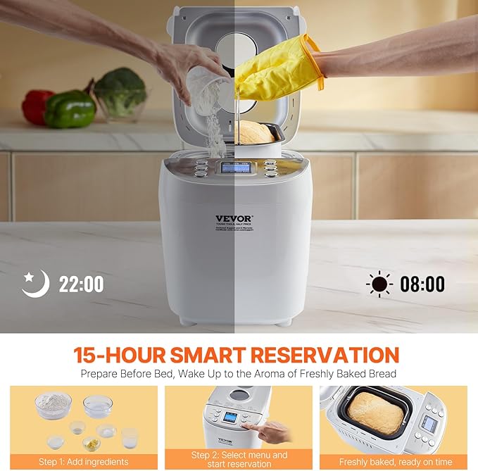 VEVOR Bread Maker, Dough Machine 15 Menus in 1, Non-Stick Ceramic Pan Automatic Breadmaker with Non-Gluten Setting, Whole Wheat Bread Making, Digital, Programmable, 3 Loaf Sizes, 3 Crust Colors, White