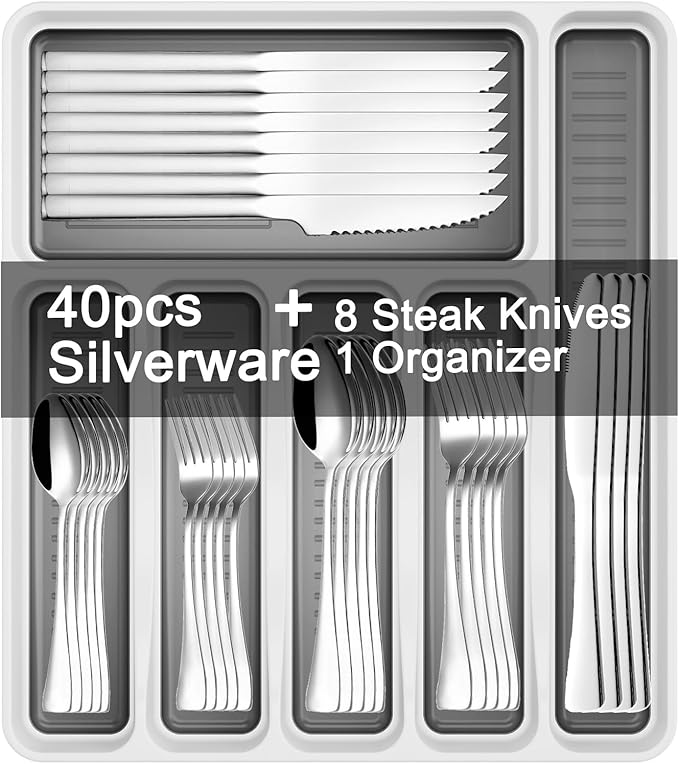 49-Piece Silverware Set with Organizer, Stainless Steel Kitchen Utensils Set for 8, Cutlery Flatware Set with Steak Knives Fork Spoon for Home Kitchen Tableware, Dishwasher Safe