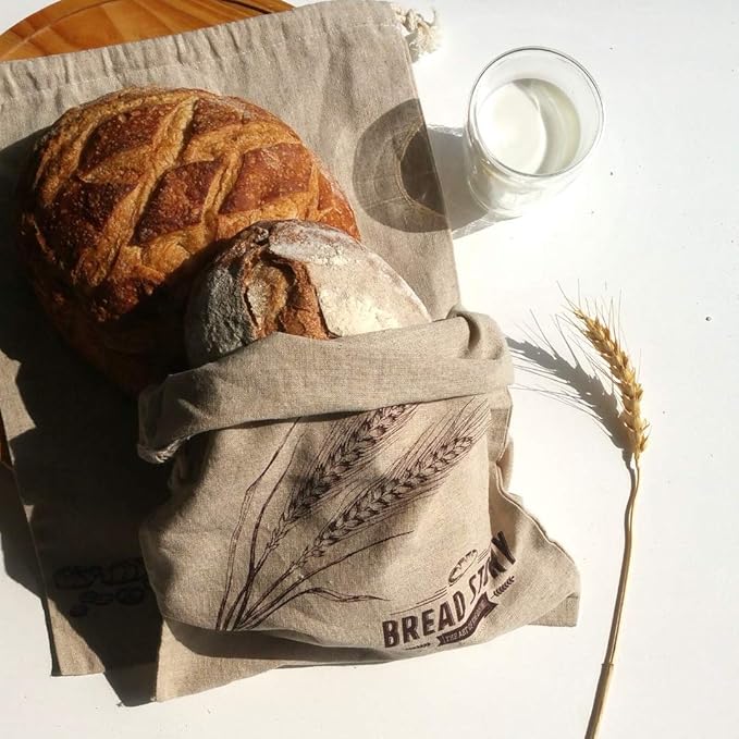 Linen Bread Bags - 2-Pack 11 x 15 inch Ideal for Homemade Bread, Unbleached, Reusable Food Storage