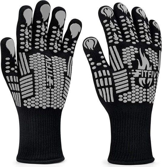 BBQ Gloves, Oven Gloves, Extreme Heat Resistant Barbecue Gloves, Silicone Non-Slip Oven Mitts, Kitchen Gloves for Cooking, Grilling, and Baking (Gray)