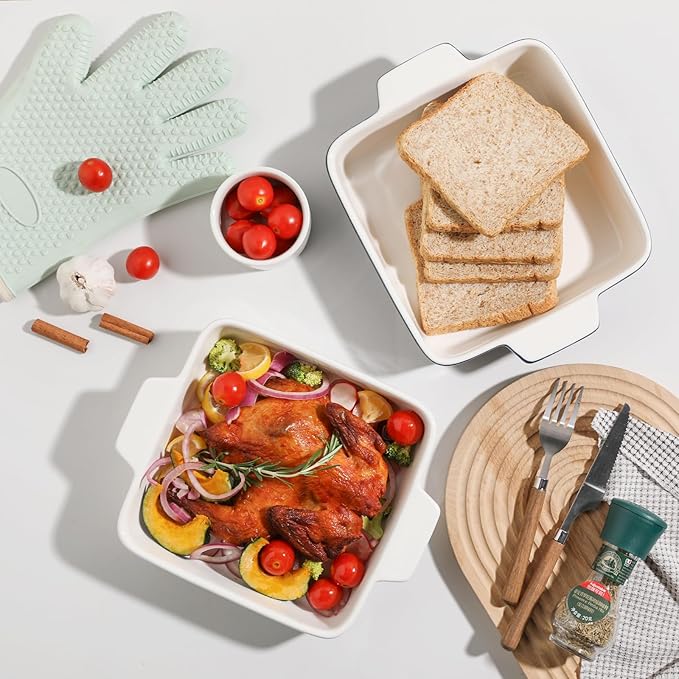 Sweejar Ceramic Baking Dish, 8 x 8 Cake Baking Pan for Brownie, Porcelain Square Bakeware with Double Handle for Casserole, Lasagna, Family Dinner (White)