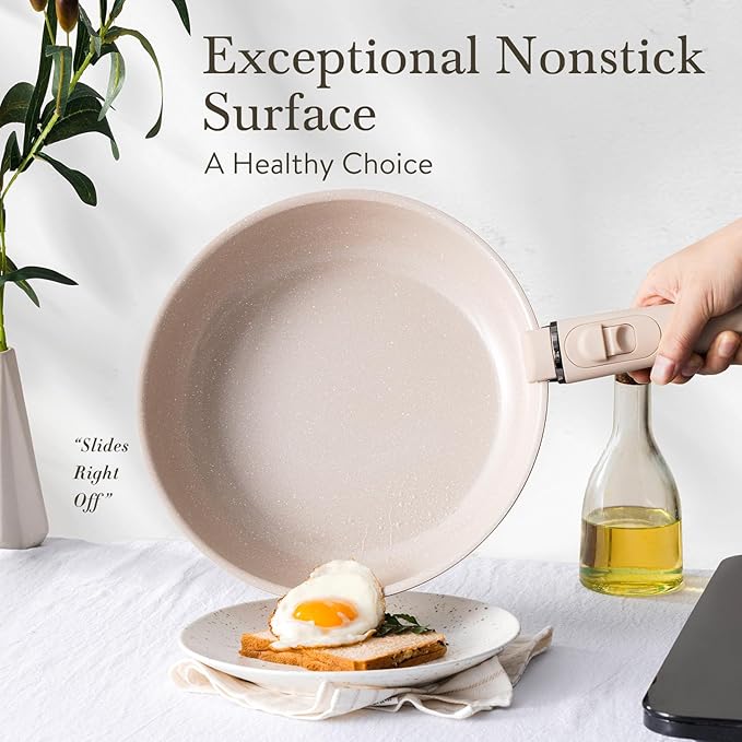 Pots and Pans Set Healthy Non toxic Non Stick Ceramic Cookware Set 21 Pcs Detachable Handles, Oven Safe, Induction Dishwasher, Stackable Frying Pan (PFOS, PFOA Free),Taupe