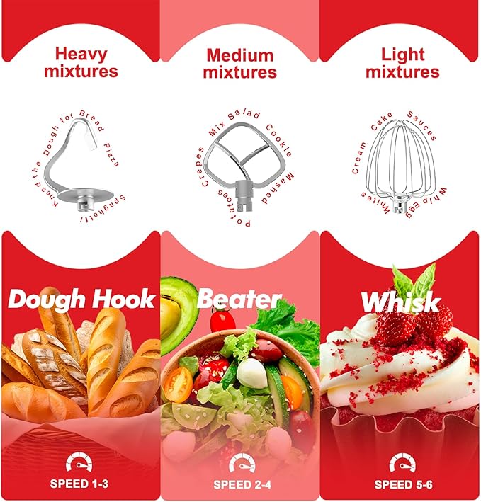 Kitchen in the box Stand Mixer, 6.5QT 660W Kitchen Electric Mixer, 6-Speed Tilt-Head Food Mixer with Dough Hook, Wire Whip, Beater, Dishwasher Safe (Red)