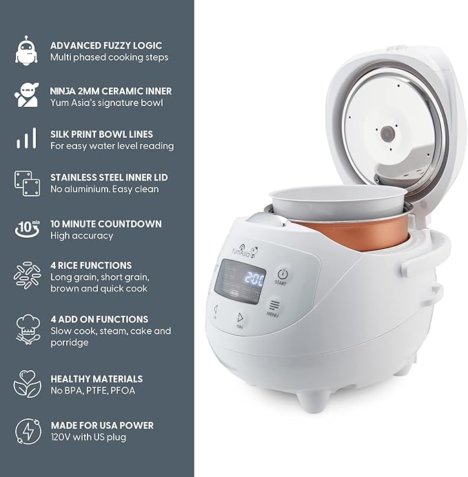Yum Asia Panda Mini Rice Cooker With Ninja Ceramic Bowl and Advanced Fuzzy Logic (3.5 cup, 0.63 litre) 4 Rice Cooking Functions, 4 Multicooker functions, Digital LED display - 120V