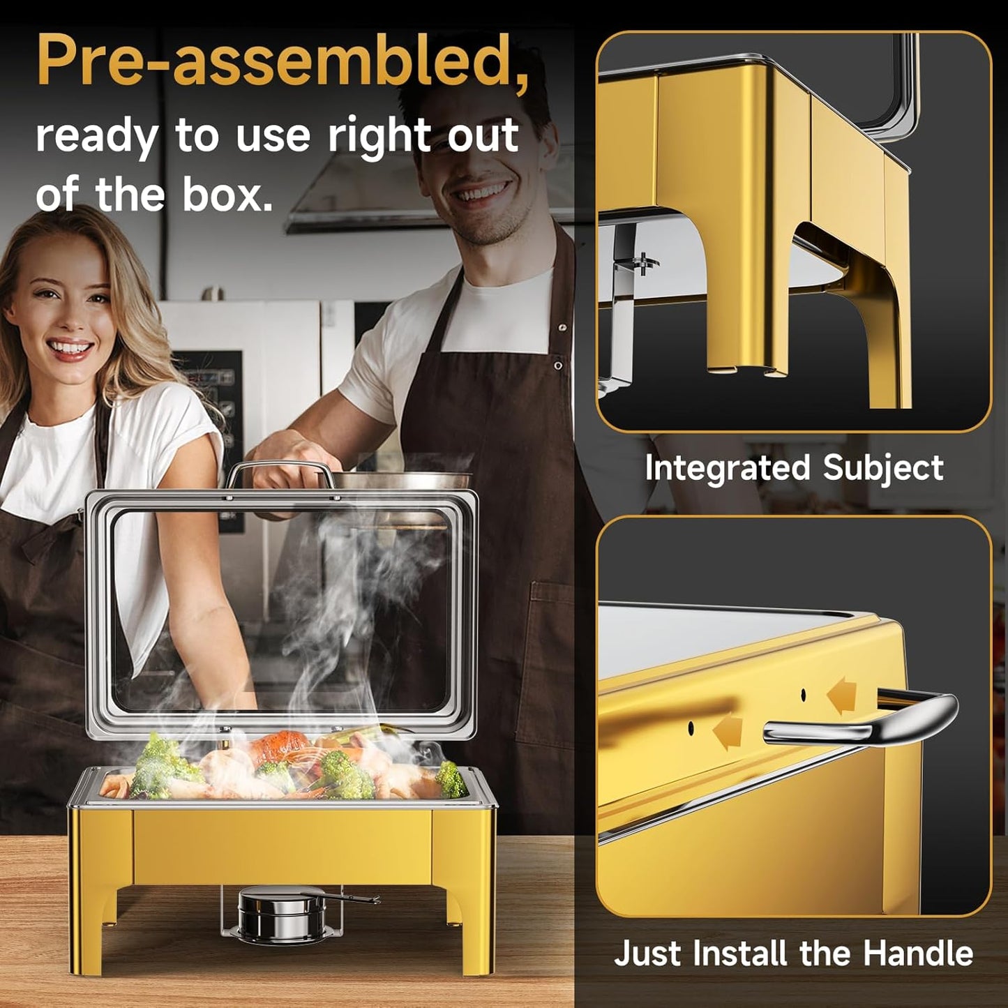 Chafing Dishes for Buffet, 9.5QT Square Stainless Steel Chafing Dish with Transparent Hydraulic Lid, 304 Food Pan, Buffet Warmer for Parties and Events (Golden)