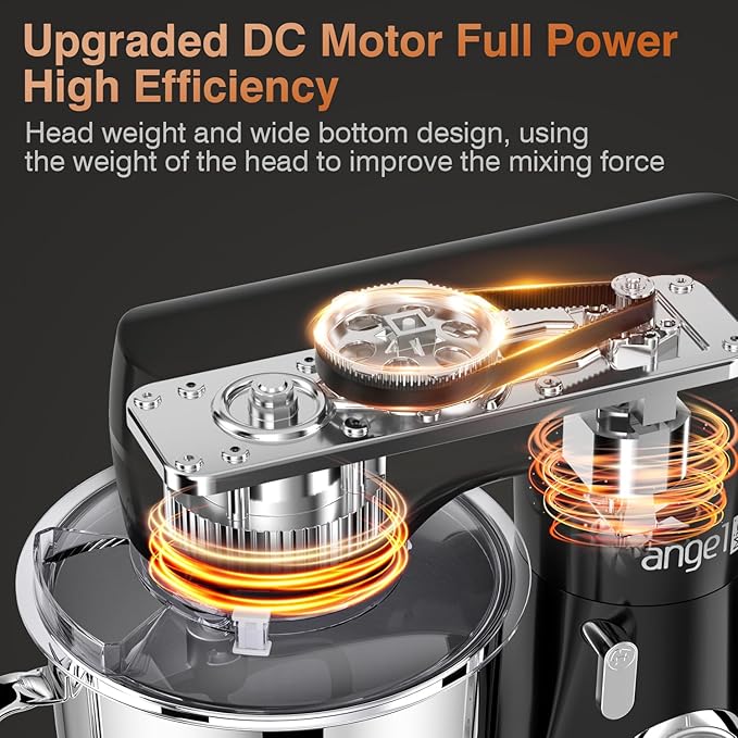 Mini Angel Electric Stand Mixer, 5Quarts, Dough Hook, Flat Beater, Wire Whisk Attachments, 10+P Speeds with Splash Guard, Black