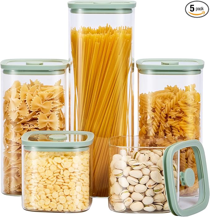 Square Glass Food Storage Jars with Lids[Set of 5], Perfect for Pasta, Cookies, Nuts, Coffee, Cereal, Flour,Organize Your Kitchen with these BPA-Free Glass Jars with Silicone Lids