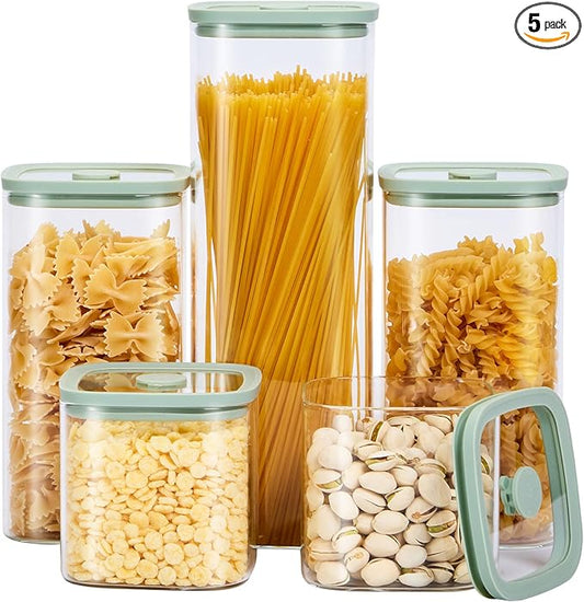 Square Glass Food Storage Jars with Lids[Set of 5], Perfect for Pasta, Cookies, Nuts, Coffee, Cereal, Flour,Organize Your Kitchen with these BPA-Free Glass Jars with Silicone Lids
