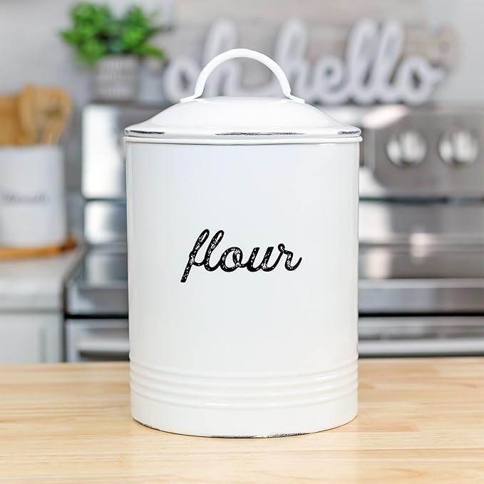 AuldHome Design Enamelware White Flour Canister; Rustic Distressed Style Staples Storage for Kitchen