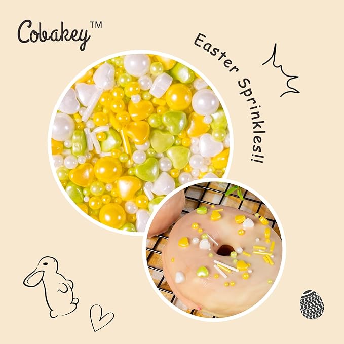 Cobakey Easter Sprinkles for Cookies 4.23 Ounce Spring Sprinkles for Baking Yellow & Green Edible Heart Perfect for Easter Cake Decorations, Baking, Ice Cream, Cookies, Cupcake Topper