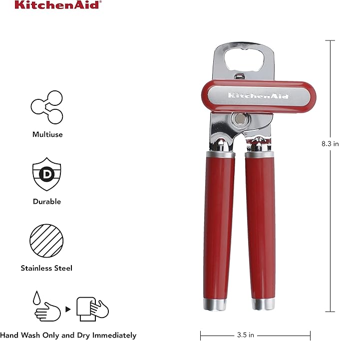 KitchenAid Classic Multifunction Can Opener and Bottle Opener Easy to Use, Razor Sharp Stainless Steel Cutting Wheel, Soft Ergonomic Handles, Empire Red
