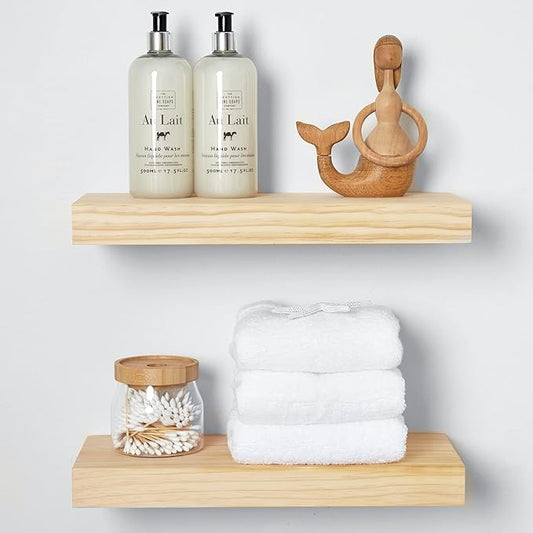 Homeforia Wood Floating Shelf 16 inch, High End Solid Natural Wood 16inch Floating Shelves for Wall Mounted, Unfinished Wooden Small Floating Shelves, Heavy Duty Bracket, 16 X 6.5 X 1.75 in, Set of 2