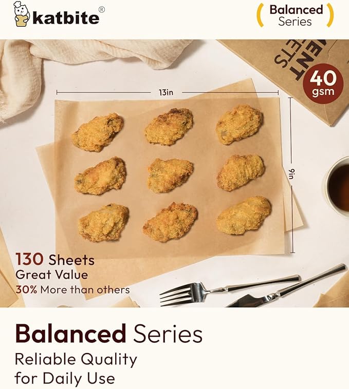 Katbite 130 Pcs Parchment Paper Sheets, 9x13 Inches Unbleached Baking Paper Non-Stick for Gently Baking, Pre-cut Parchment Paper Suitable for Baking, Cooking,Air Fryer [Balanced Series]