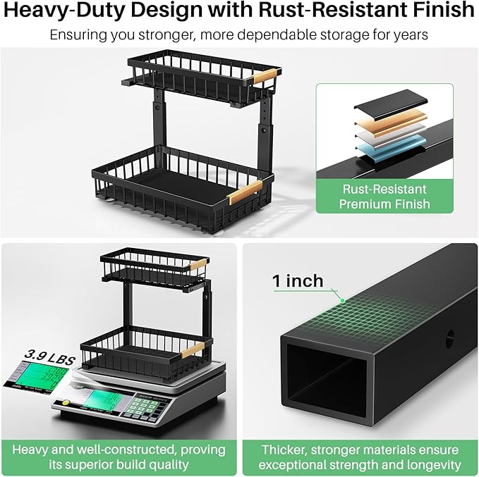 Pull out Cabinet Organizer, 2 Tier Under Sink Organizer, Slide out Metal Kitchen Cabinet Organizers Drawer Shelf, Sliding Storage Shelves for Kitchen Bathroom Pantry Cabinet Closet Organization Rack