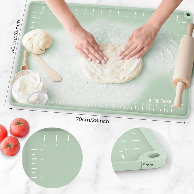 Silicone Baking Mat 28" x 20", Extra Thick Dough Rolling Mat with Measurements and Edge Heightening, Non-stick Food Grade Silicone Pastry Mat for for Pastry, Bread, Cookies, Pizza, Fondant, Pasta