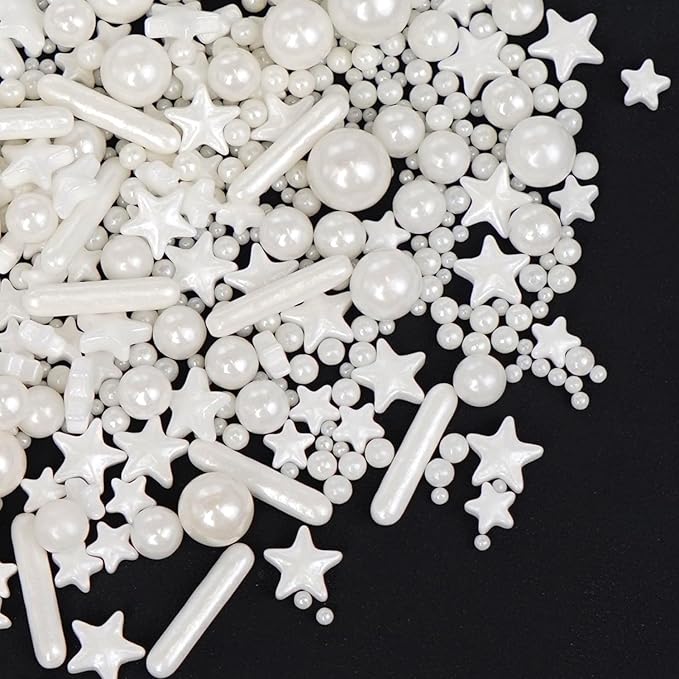 White Pearl Star Rods Sprinkles, Edible Pearls Sugar, 130g/4.58oz, White Sprinkles for Cupcake Decorating, Cupcake Toppers, Cake Decorations