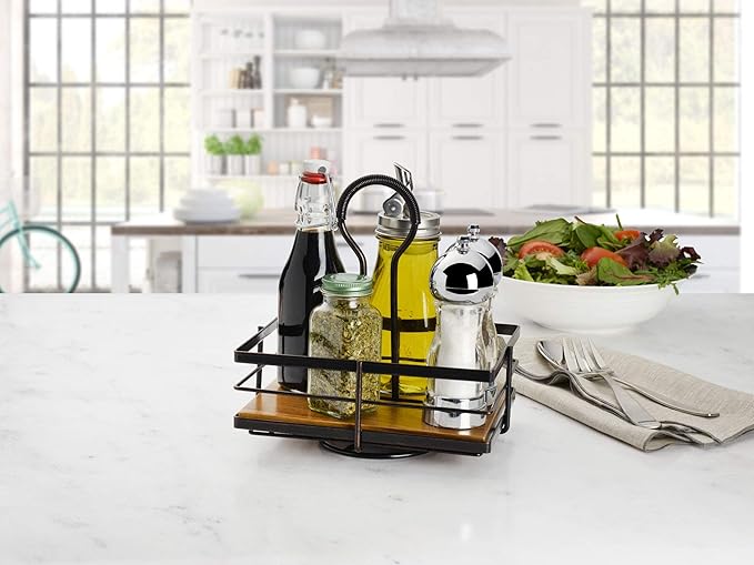 Gourmet Basics by Mikasa Nova Acacia Wood Rotating Condiment Caddy, 8.75 Inch, Black,5270309