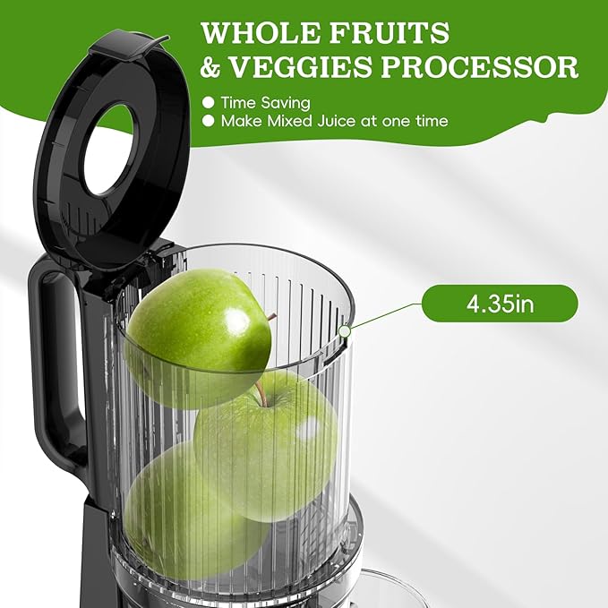 Cold Press Juicer, Juicer Machines with 4.35'' Wide Feed Chute, Stainless Steel Masticating Juicers Easy to Clean, Ergonomic Operational Panel Design, High Juice Yield, Platinum Color Knob