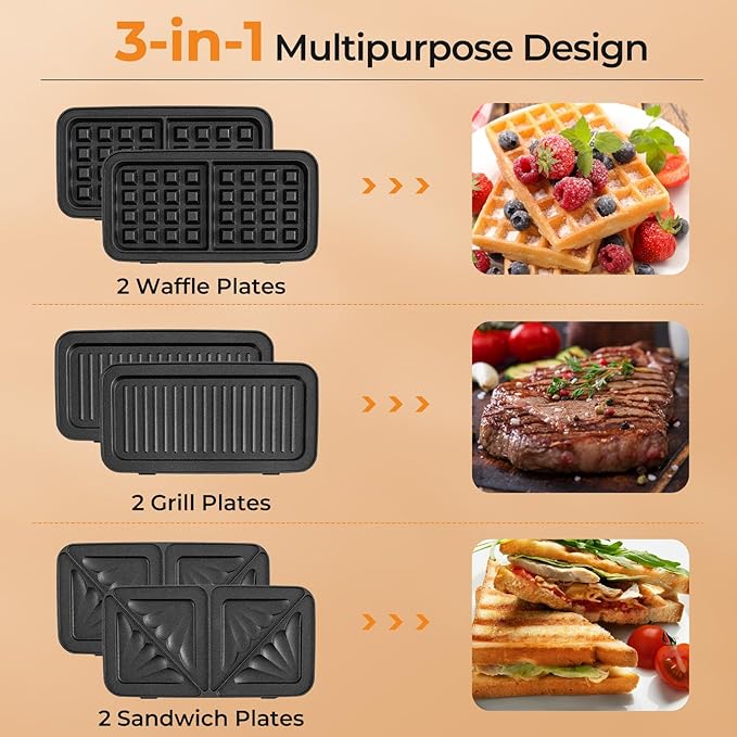 ARLIME 3 in 1 Waffle Maker, 1082W Electric Panini Press Grill w/Non-stick Plates, Indicator Lights, Cool Touch Handle, Sandwich Maker w/ 5-gear Temperature Control for Breakfast Grilled Cheese Steak
