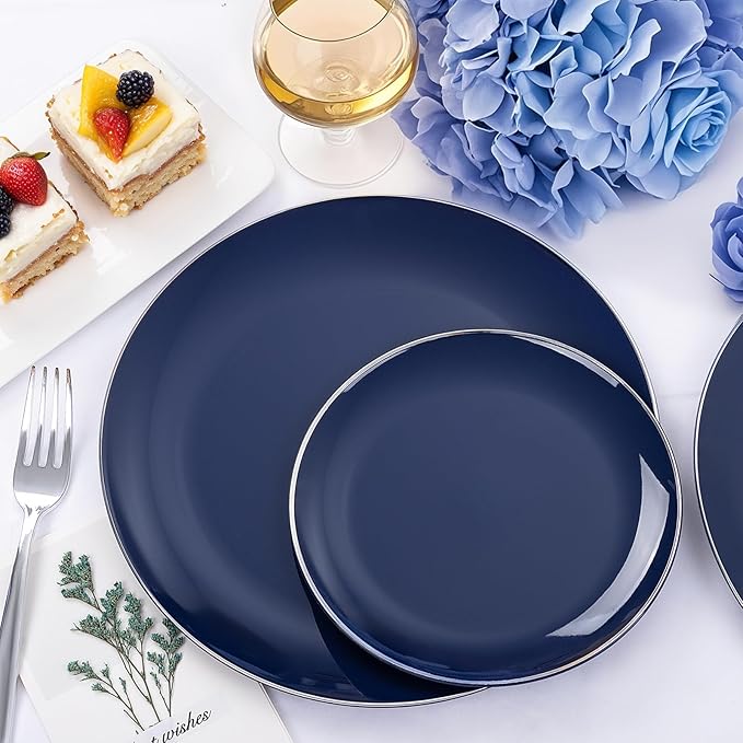 KIRE 200PCS Blue Plastic Plates with Silver Rim - Navy Blue Plastic Plates Include 100 Dinner & Dessert Plate - Heavy Duty Dark Blue Disposable Plate for Parties/Wedding