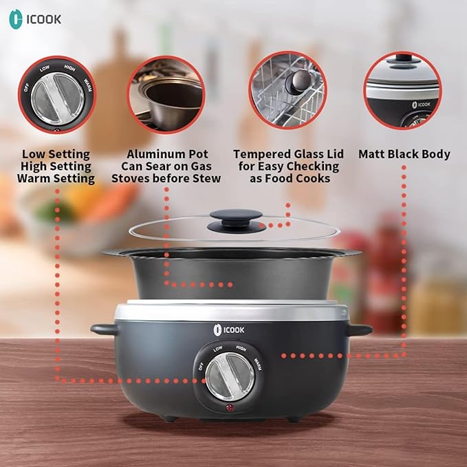 ICOOK 6.5 Quart Slow Cooker, Simmer Pot with Transparent Glass Cover, Cooks Entrees, Adjustable Temp, Sauces, Soups, Roasts, Stews and Dips (Black)