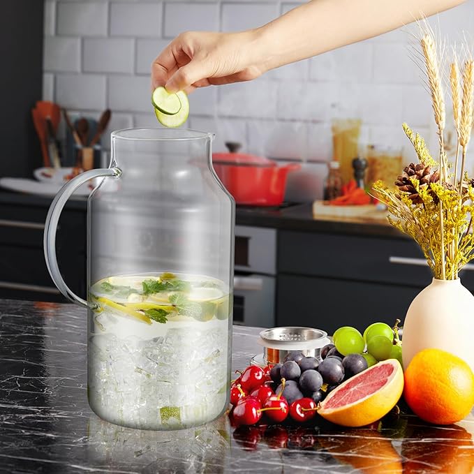 1 Gallon Glass Pitcher with Lid and Spout, Bivvclaz Glass Water Pitcher for Fridge, Glass Carafe for Hot/Cold Water, Iced Tea Pitcher, Large Jug for Coffee, Juice and Homemade Beverage