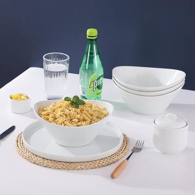 Porcelain Salad Bowls, 38 Ounce pasta bowls set of 4, 8 inch White serving bowls for cereal, soup, ramen, snacks, rice, Oven Dishwasher Safe