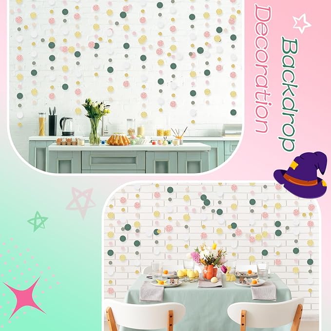 Outus 5 Pieces Colorful Dots Paper Garland Round Glitter Garland Hanging Confetti Streamers Backdrop Decoration for Birthday Classroom Candy Sprinkles Trunk or Treat Party (Sage Green,Pink,Gold)