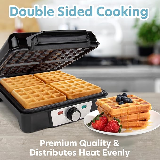 CucinaPro Four Square Belgian Waffle Maker, Extra Large Stainless Steel Kitchen Appliance w Nonstick Waffler Iron Plates Makes 4 Fluffy Waffles, Great Griddle for Family Breakfast or Housewarming Gift