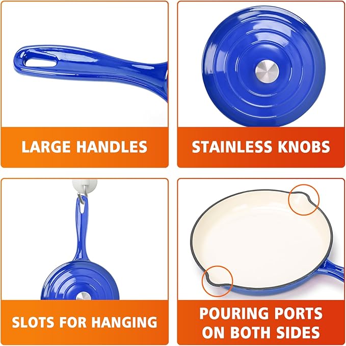 Hisencn Enameled Cast Iron Cookware Set - 7 Piece Set of Dutch Ovens, Sauce Pan, Skillet, 3 Lids, Dutch Oven Set, Ceramic Coated Cast Iron, Heavy Duty, Gas/Induction Compatible, PFA Free, Cobalt Blue