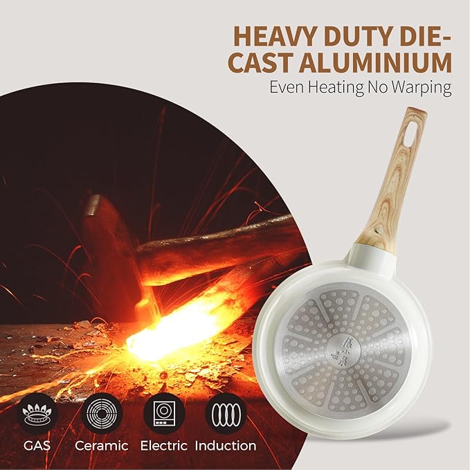 ZHANG XIAO QUAN SINCE 1628 Pots and Pans Set with Lids, 14 PCS Cast Aluminium Non Stick Ceramic Coating Granite Cookware Set, Non-toxic Kitchen Essentials, Beige