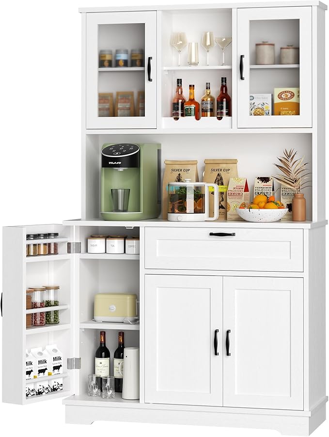 Vongrasig Tall Pantry Cabinet, Kitchen Pantry Storage Cabinet with Microwave Stand,Farmhouse Kitchen Hutch with Adjustable Shelves for Living Room, Dining Room, White