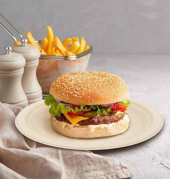 BLUE TOP Compostable Disposable Paper Plates, Heavy Duty Waterproof - 50 Pack 10 inch Eco-Friendly Biodegradable Sugarcane Bagasse Dinner Plates