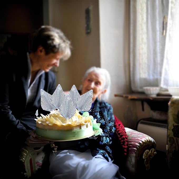 Gyufise 6Pcs Paper Palm Fan Cake Topper Palm Leaf Fan Cake Pick for DIY Bakeware Craft Project Home Made Wedding Bridal Shower Birthday Anniversary Party Cake Decorations Supplies Metallic Silver