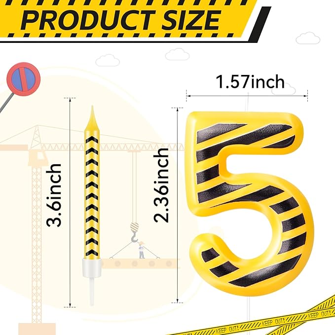 13 Pcs Construction Themed Birthday Candles Set Yellow and Black Number 5 Candle Cake Topper for Construction Party Decoration Supplies (Number 5)
