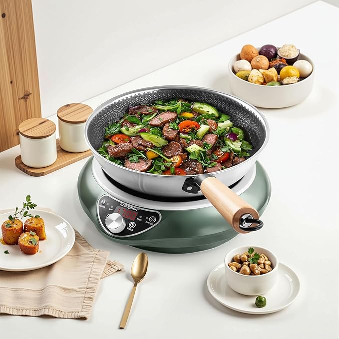 1700W/85V~120V Electric Wok Used For Home And Commercial,Induction Cooktop With Stainless Steel Pot Provide Quick Heat-up and Faster Cooking Times