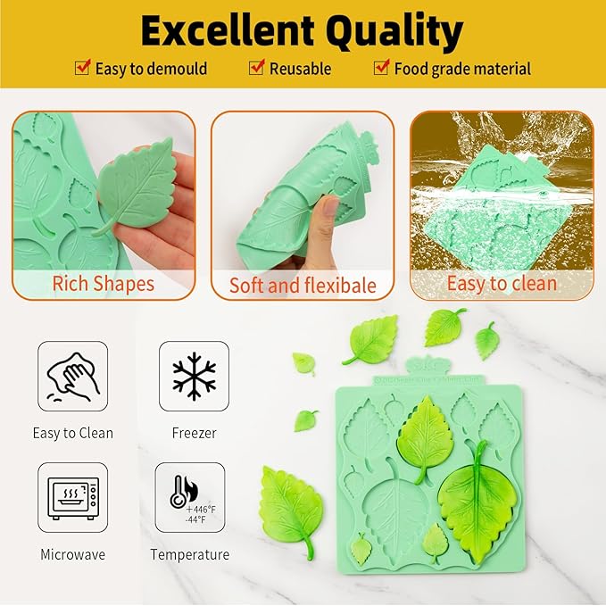 KALAIEN Silicone Leaf Molds - Chocolate & Fondant Molds for Clay Crafts, Air Dry, 3D Candy & Gumpaste Moulds (Set of 2)